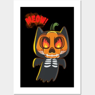 Halloween Scary Evil Cat Funny Pumpkin Head Posters and Art
